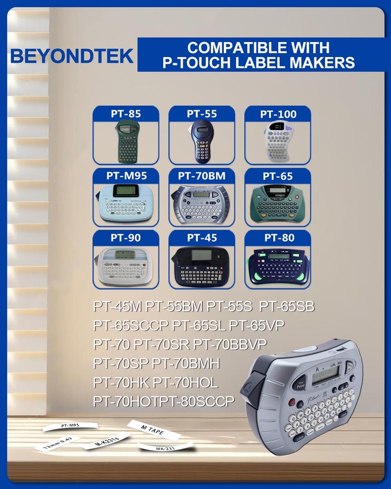 BEYONDTEK M-231 Work for Brother M-k231 Label Tape White Replace with Brother M-k231s Tape 12mm 0.47 White Non-Laminated 0.47" x 26.2' (12mm x 8M) P Touch Label Maker for PT-M95 PT-65 PT-70BM PTM95 PT-90 PT-85 - Image 4